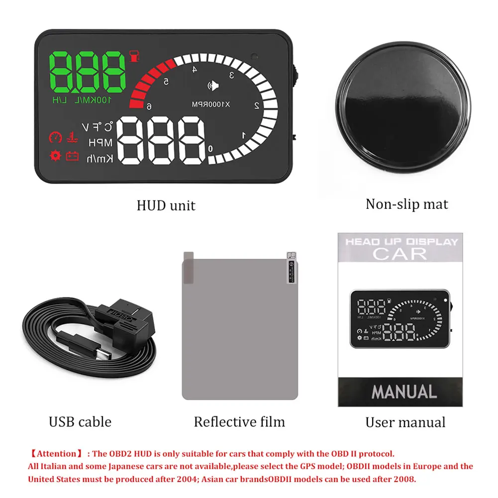  Zubehör Head Up Display OBD2 Universal Überdrehzahl Warnung HD Auto GPS Navigation Windschutzscheib