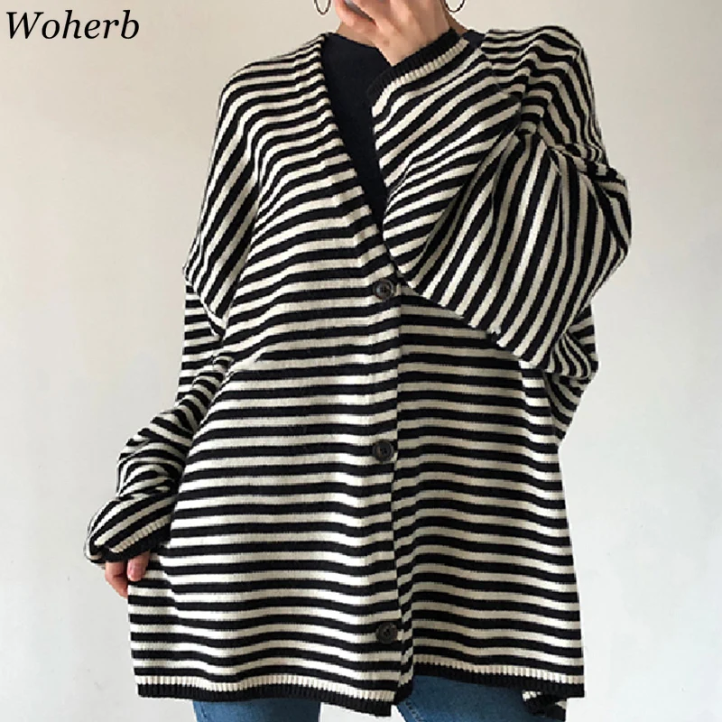 

Woherb 2020 New Oversized Cardigan Sweater Women Vintagr Striped Korean Knitted Jumper Girls Autumn Winter Casual Sweaters Coat