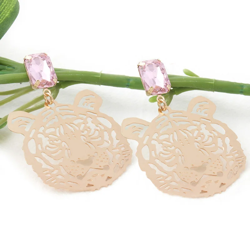 pink NeeFu WoFu медные серьги с тигром для женщин леопардовый тренд Лев стеклянные серьги женские серьги Grote Oorbellen подарок - Окраска металла: pink