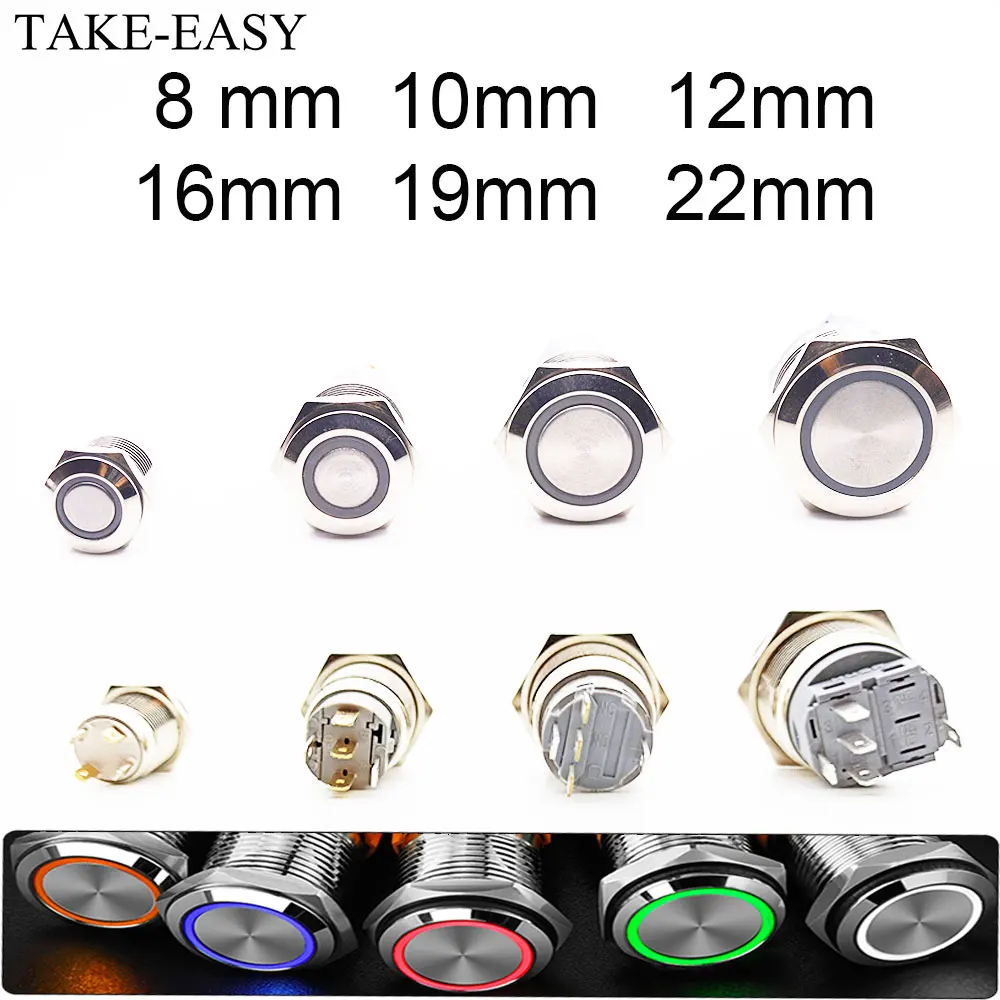 TAKE-EASY — Interrupteur momentané imperméable à tête plate, bouton-poussoir, avec voyant LED, 8/10/12/16/19/22 mm, 3/12/24 V, 220V