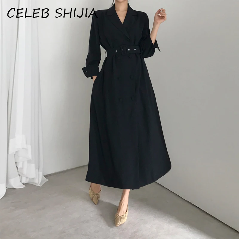 New elegant V-neck Trench Woman Jacket Long-sleeve Sashes khaki solid Autumn notched collar long coat female winter 2020