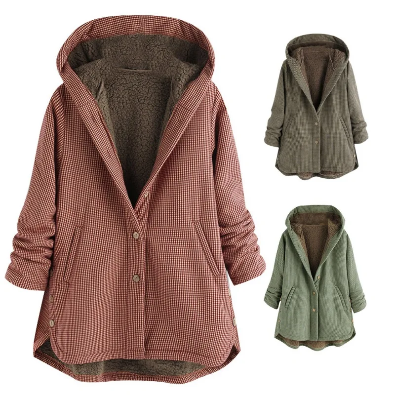 Женская куртка женская Chaqueta Mujer Manteau плюшевая одежда зимняя теплая клетчатая с принтом размера плюс с капюшоном и карманом выше размера Верхняя одежда
