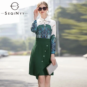 

SEQINYY Office Lady Dress 2020 Early Spring New Fashion Design Women Blue Flowers Bird Printed Slim Knee Dress