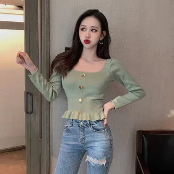 

Fashion Square Collar Long-sleeved Knit Pullover Autumn Slim Ruffles Women Solid Color Crop Sweater 2019