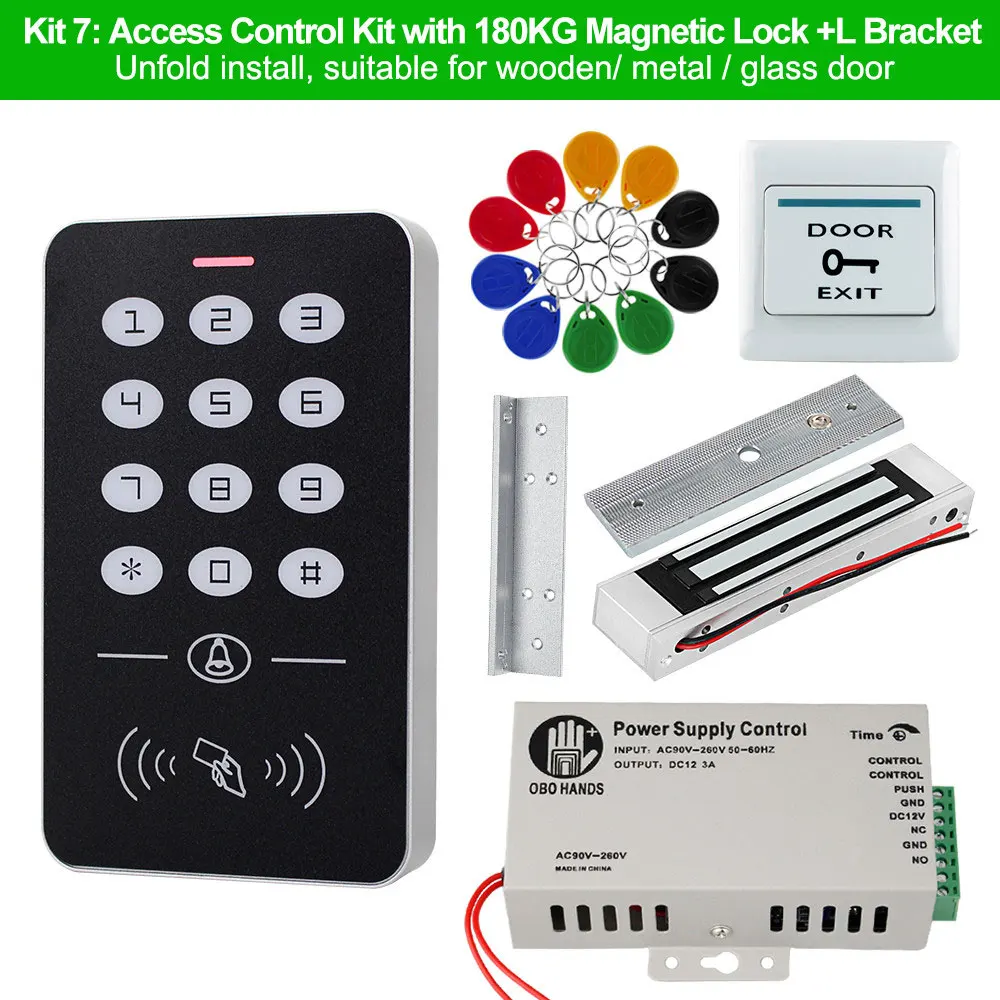 Система контроля допуска к двери комплект RFID Клавиатура контроля доступа+ блок питания+ Электрический магнитный замок болт ударные замки+ 10 шт. ключи - Цвет: Kit7