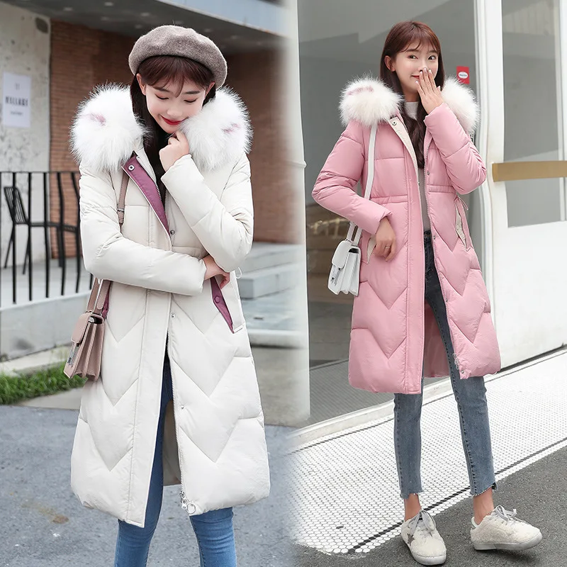 

2019 Winter New Style Korean-style Waist Hugging Large Size Mid-length Cotton-padded Clothes Women's over-the-Knee Anti-Season T