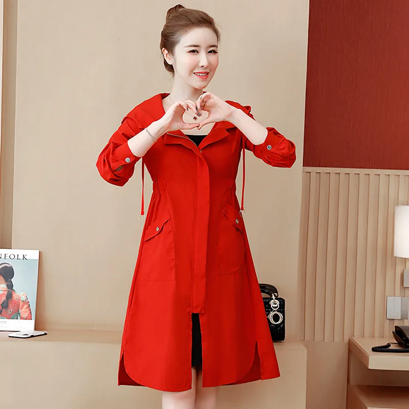 Women's Long Trench Coats Spring Autumn New Plus Size Coat Korean Fashion Casual Hooded Windbreaker Female Outerwear Outcoat 308