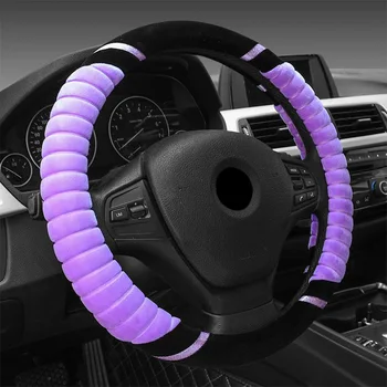 

Plush Warm Car Steering Wheel Cover Winter Velvet Flocking Grip Cover 15 " fluffy steering wheel cover handle set red purple
