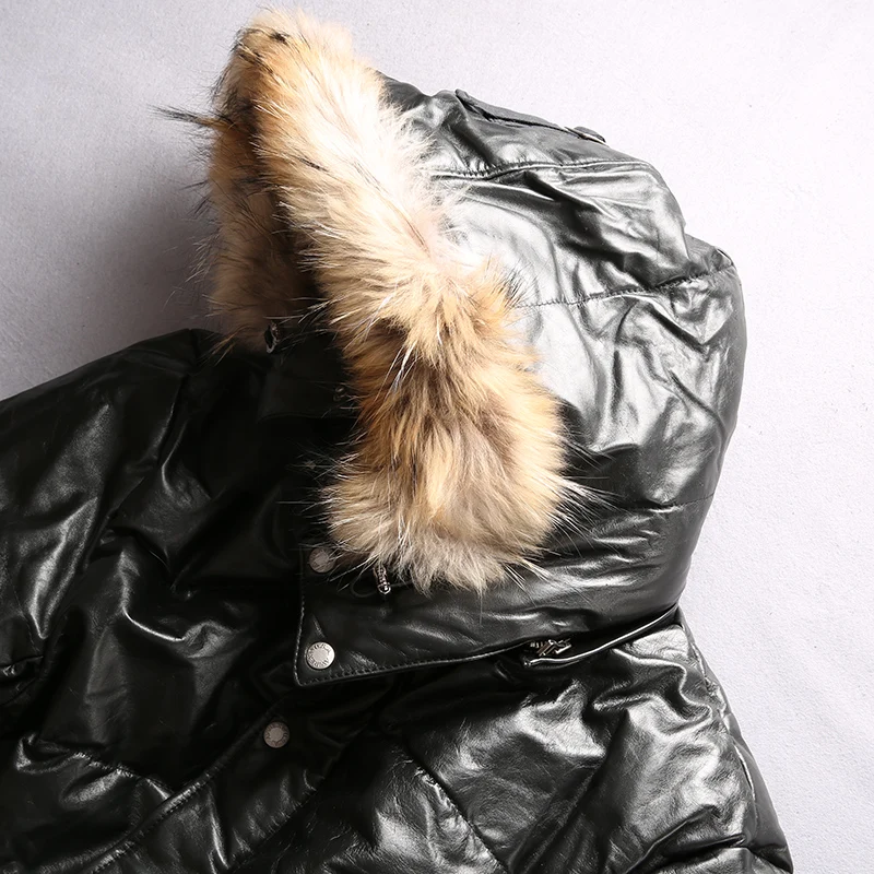 Новые мужские часы из натуральной кожи, черного цвета вниз куртка Cowleather куртка с отстегивающимся капюшоном, пилот куртки на холодную погоду; куртка для русской зимы