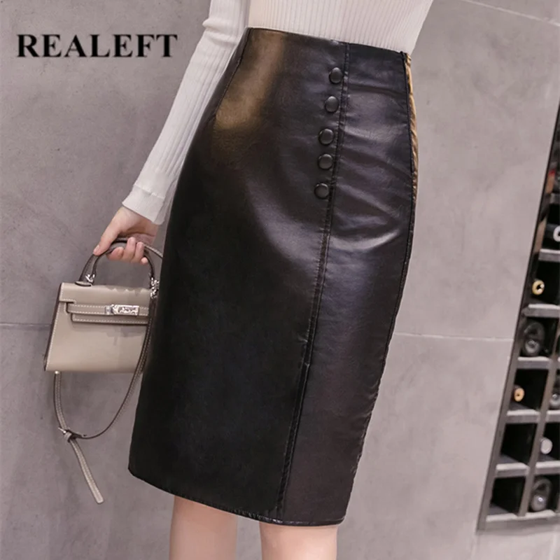 

REALEFT 2019 New Arrival Autumn Winter Button Elegant Midi Skirts High Waist Black PU Leather Sheath Wrap Skirts for Office Lady