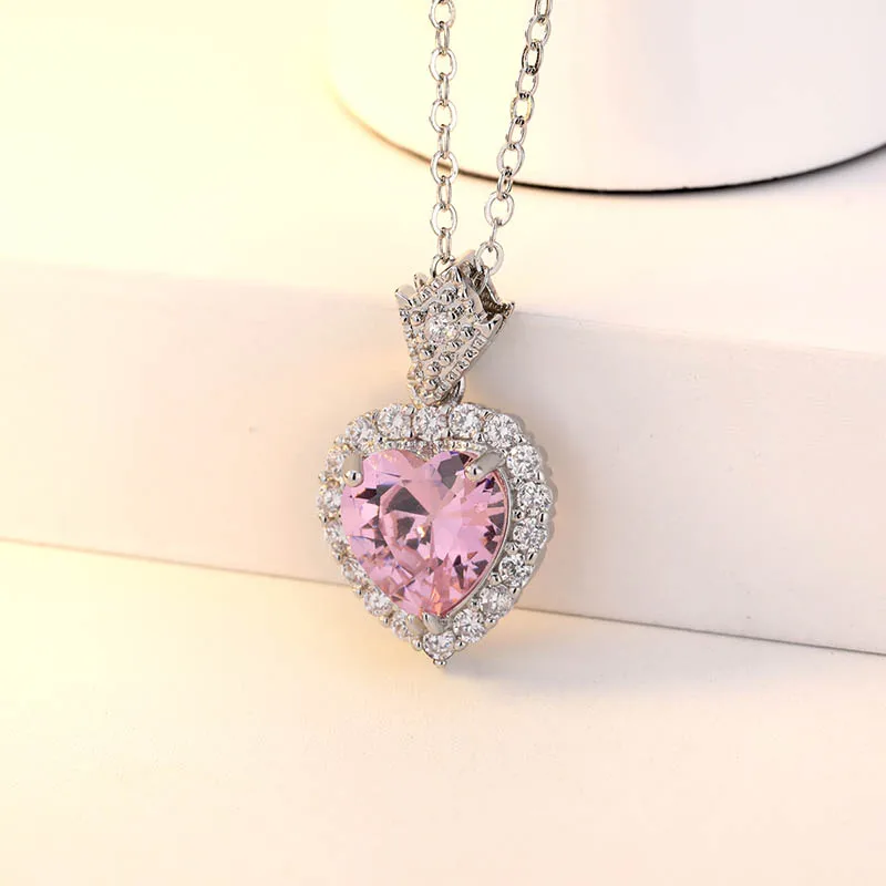 Bague Ringen модная простая форма сердца подвеска ожерелье для женщин серебро 925 ювелирные изделия с порошком Кристалл помолвка банкет - Цвет камня: Розовый