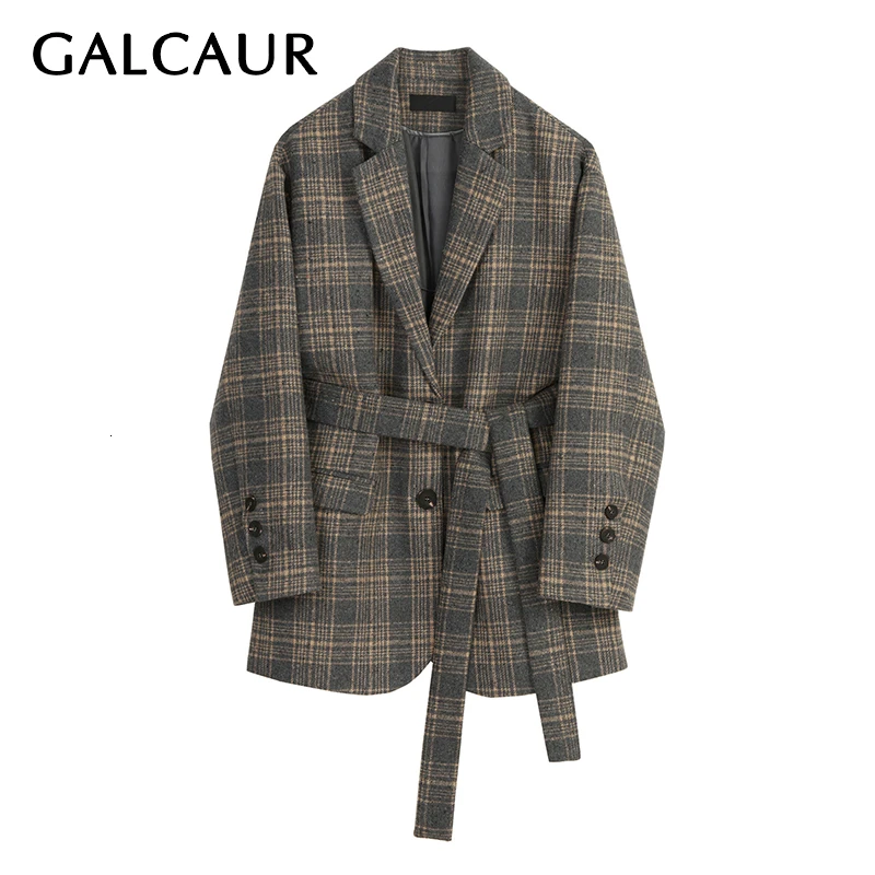 GALCAUR корейский Клетчатый хит цветной блейзер для женщин зубчатый длинный рукав