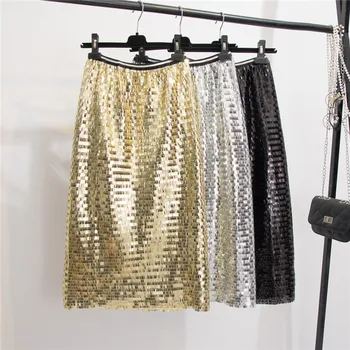 

Harajuku Sequins Skirt Women's Sexy Silver Sequined Midi Skirt Girls Elastic-Waist Package Hip One-Step Skirts Party Skirts