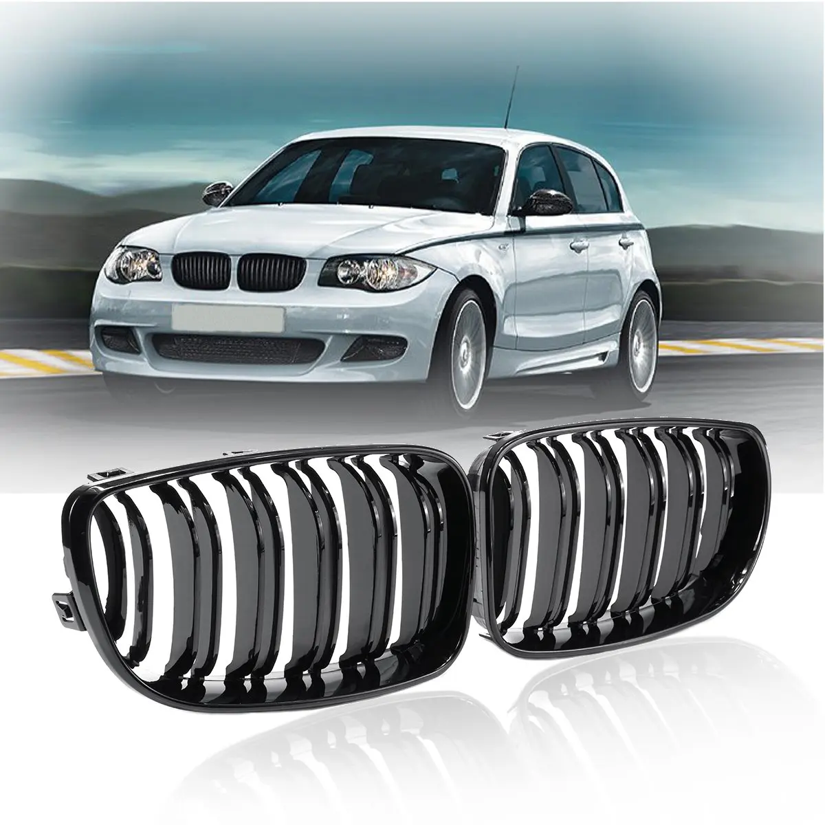 

Pair New Gloss Black 2 Double Slat Line Front Kidney Racing Grill Grille For BMW E87 1 Series 2008 2009 2010 2011 2012 2013