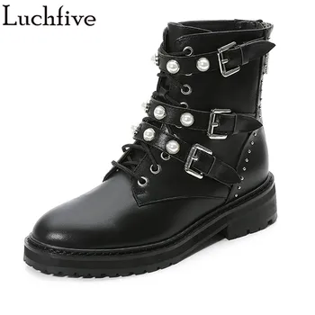 

Rivets Martin Women Boots Buckles Strap Ankle Boots For Women Square Heels Round Toe Shoes Woman Black Zipper Winter Boots
