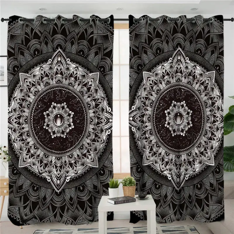 Mandala by Brizbazaar Curtains For Living Room Black White Flower Kitchen Curtains Vintage Gemstone Curtain Bohemia gardinen - Цвет: 001 1 Piece