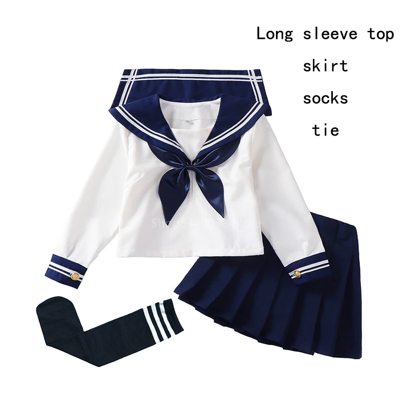 Navy Set1 Kid JK матросское платье 4 шт., японская школьная форма в Корейском стиле для девочек, плиссированная юбка темно-синий костюм Kawaii с длинными рукавами аниме COS - Цвет: Navy Set1