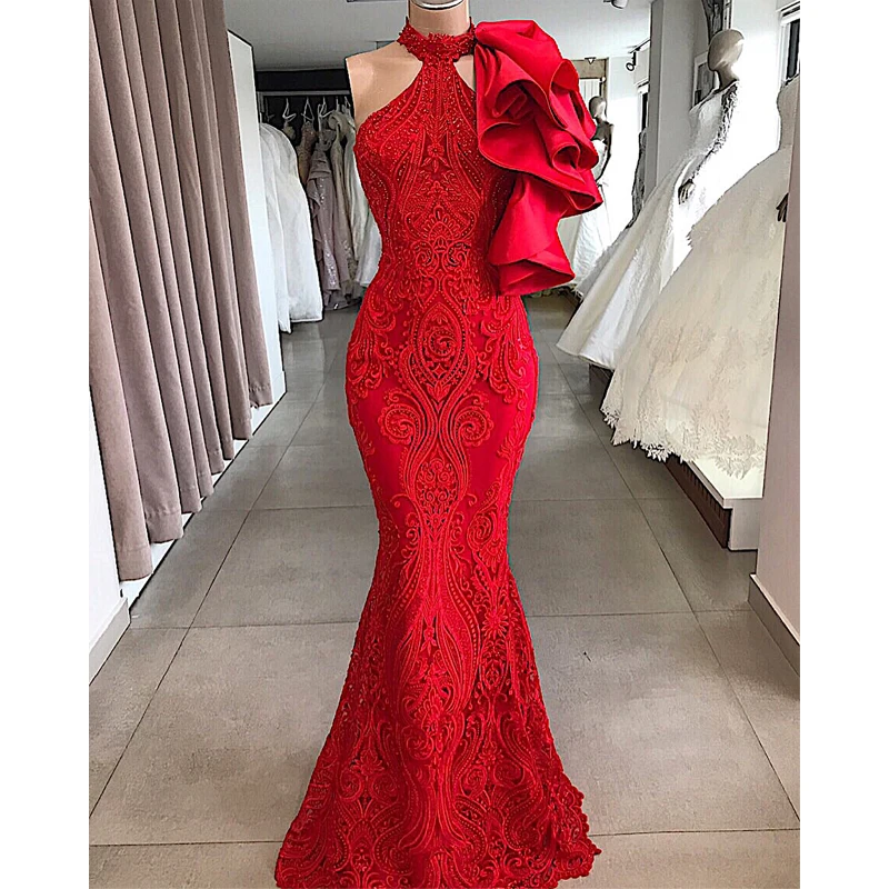 Robe De Soiree Mermaid Evening Dresses Halter Elegant Red One Shoulder Appliques Beading Sleeveless Formal Long Party Dress