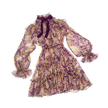 

Autumn Clothes 2020 Vinatege Top Quality Natural Crinkle Silk Velvet Tie Ruffle Long Sleeve Designer Dress For Women Party