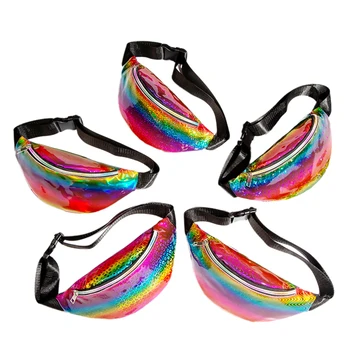 

Women Waist Packs Laser Gradient Ladies Belt Bag Colorful Zipper Adjust Rainbow PU Leather Bag