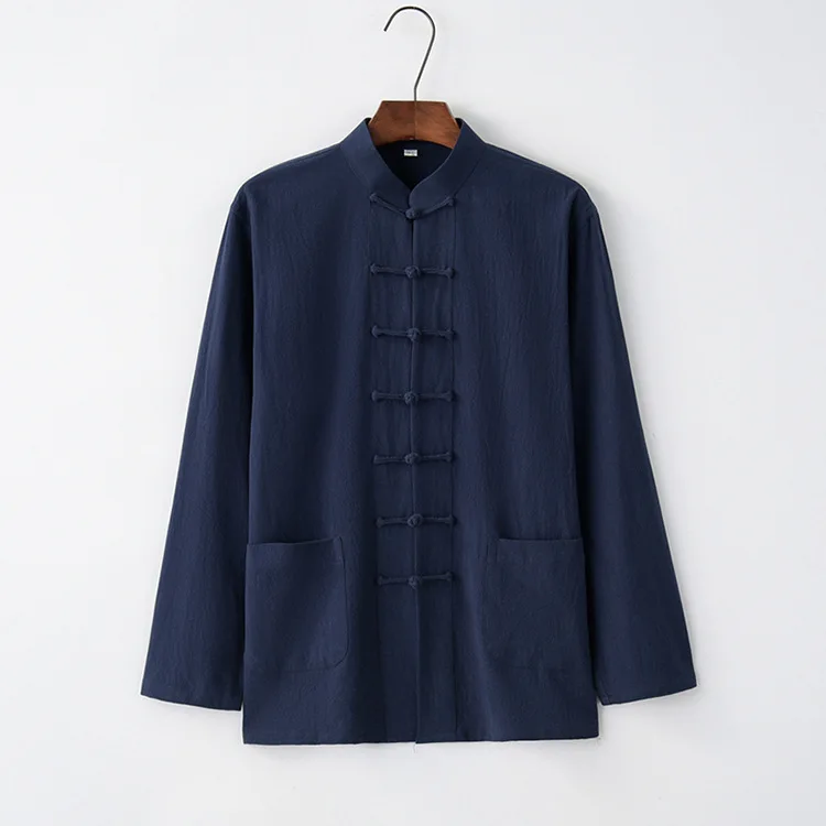 Retro Man Chinese Traditional Hanfu Shirt Solid Casual Kung Fu Uniforms Linen Cotton Tang Suit Male Long Sleeve Tai Chi Shirts