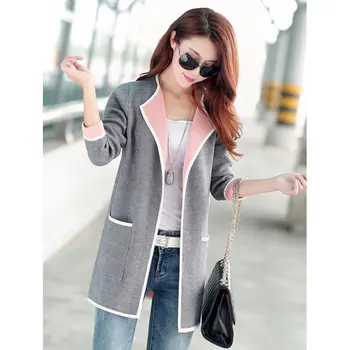 

Autumn Winter Medium Length Knitting Cardigan Loose Long Sleeve Coat for Women Solid Color Pockets Lapel Knit Tops
