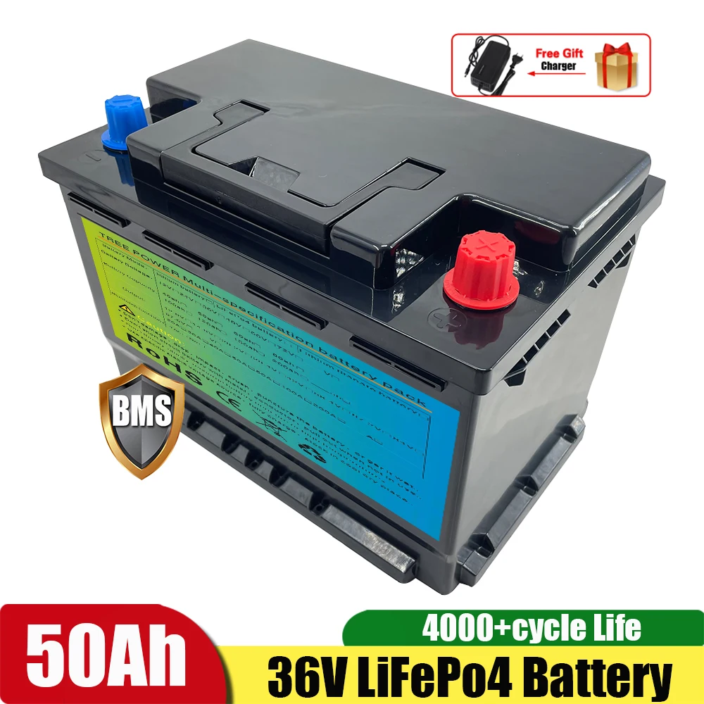 Batterie Al Litio Ricaricabili 4000 Deep Cycles 36V 50Ah Lifepo4 Con Bms Per Camper/Camper/Auto O Barca/Inverter + Caricatore 10A