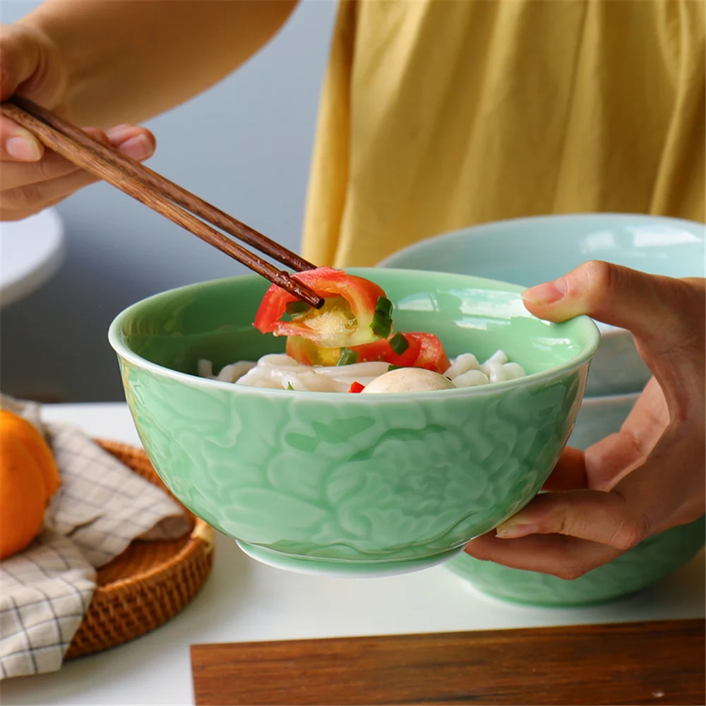 

Chinese Cereal Bowl Porcelain Rice Bowl for Salad and Noodle Soup Bowls 6 Inch Decor Peony Ceramic Microwave and Dishwasher Safe