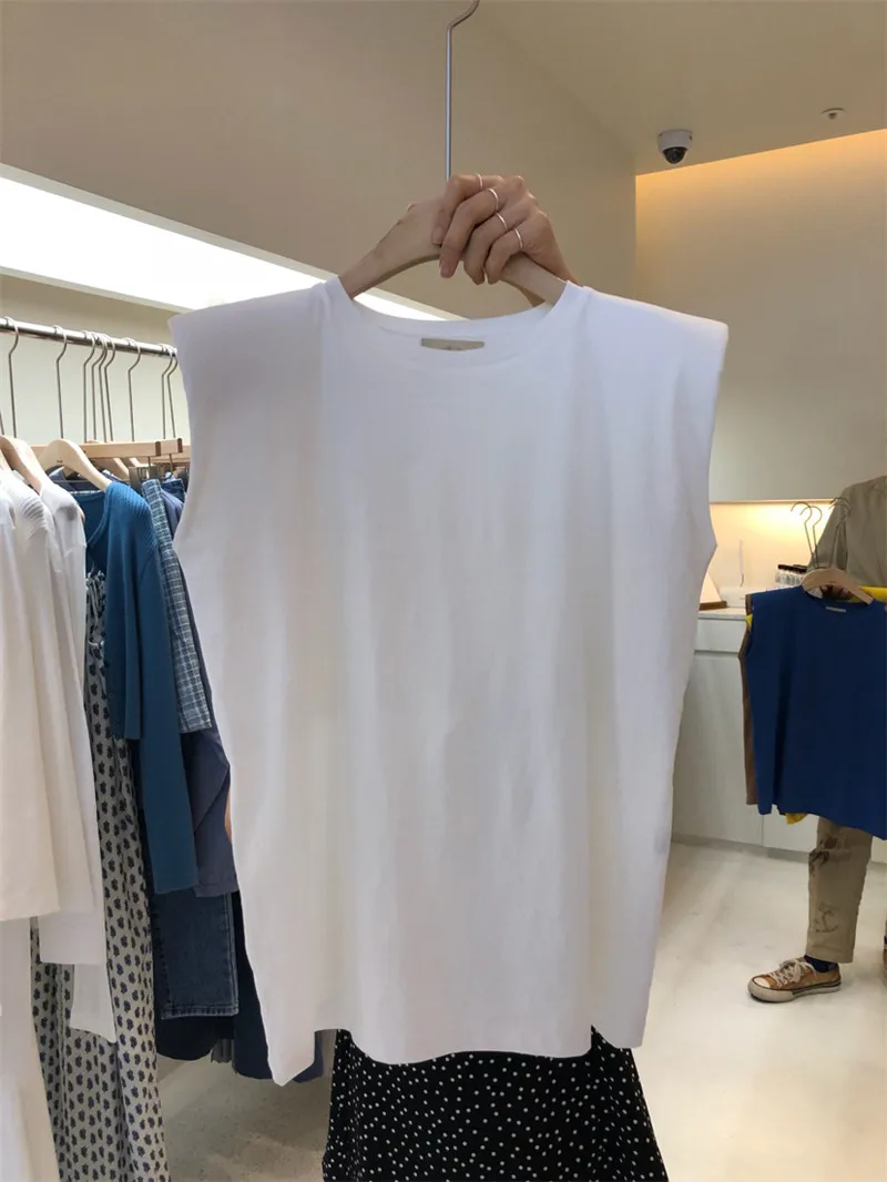 

Summer Sleeveless T Shirts Women New Elegant Cotton Shoulder Pad Chic Solid Tops Vest