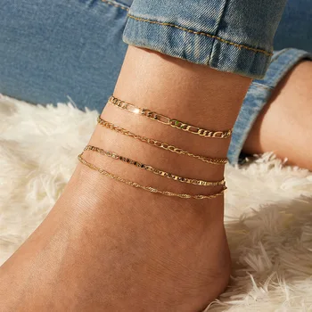 

590051 Europe and America Cross Border New Style Multilayer Alloy Anklets Set 4 jian tao Creative Retro Simple Chain Foot Orname