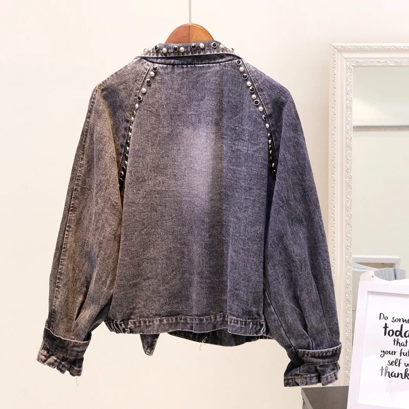

Куртка женская джинсовая оверсайз с заклепками, мешковатая Повседневная Верхняя одежда в стиле бойфренда из денима с бусинами, уличная одежда свободного кроя