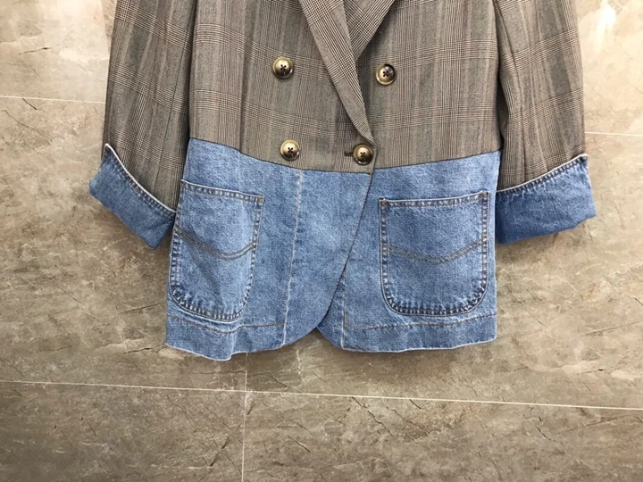 Early Autumn New Women's Suit collar double-breasted stitching denim Plaid suit short jacket 815