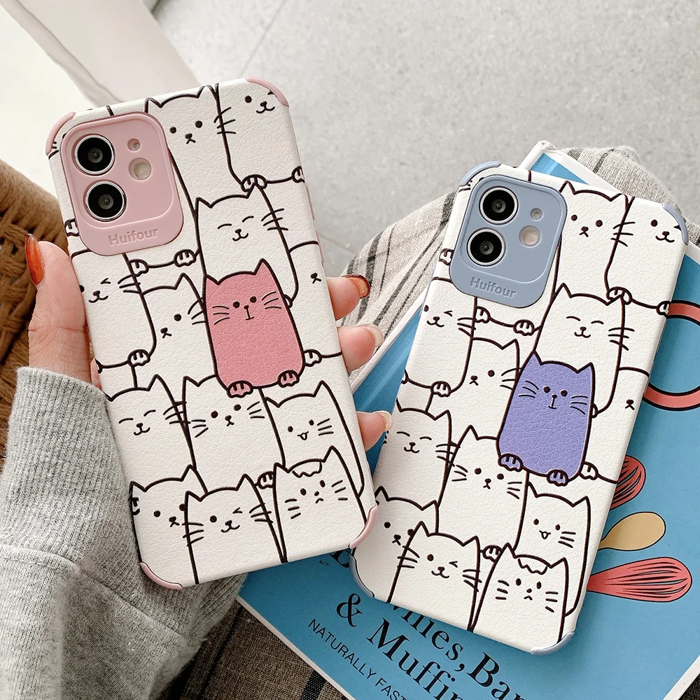 Purple Pink Cute Line Cat Phone Case For iPhone 11 12 Pro Max Mini XR X XS 7 8 Plus SE 2020 Soft PU Leather Back Cover Coque | Мобильные