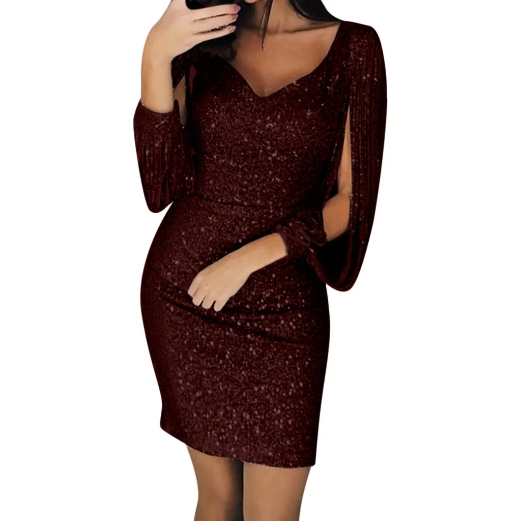 New Fashion Sexy Women V Ncek Solid Sequined Glitter Stitching Shining Club Sheath Long Sleeved Mini Dress For Female - Цвет: Бургундия