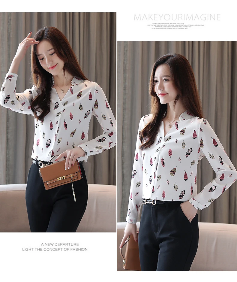 blusas mujer de moda long sleeve print V-neck chiffon shirt women shirts Office Lady blouse womens tops and blouses 5709 50