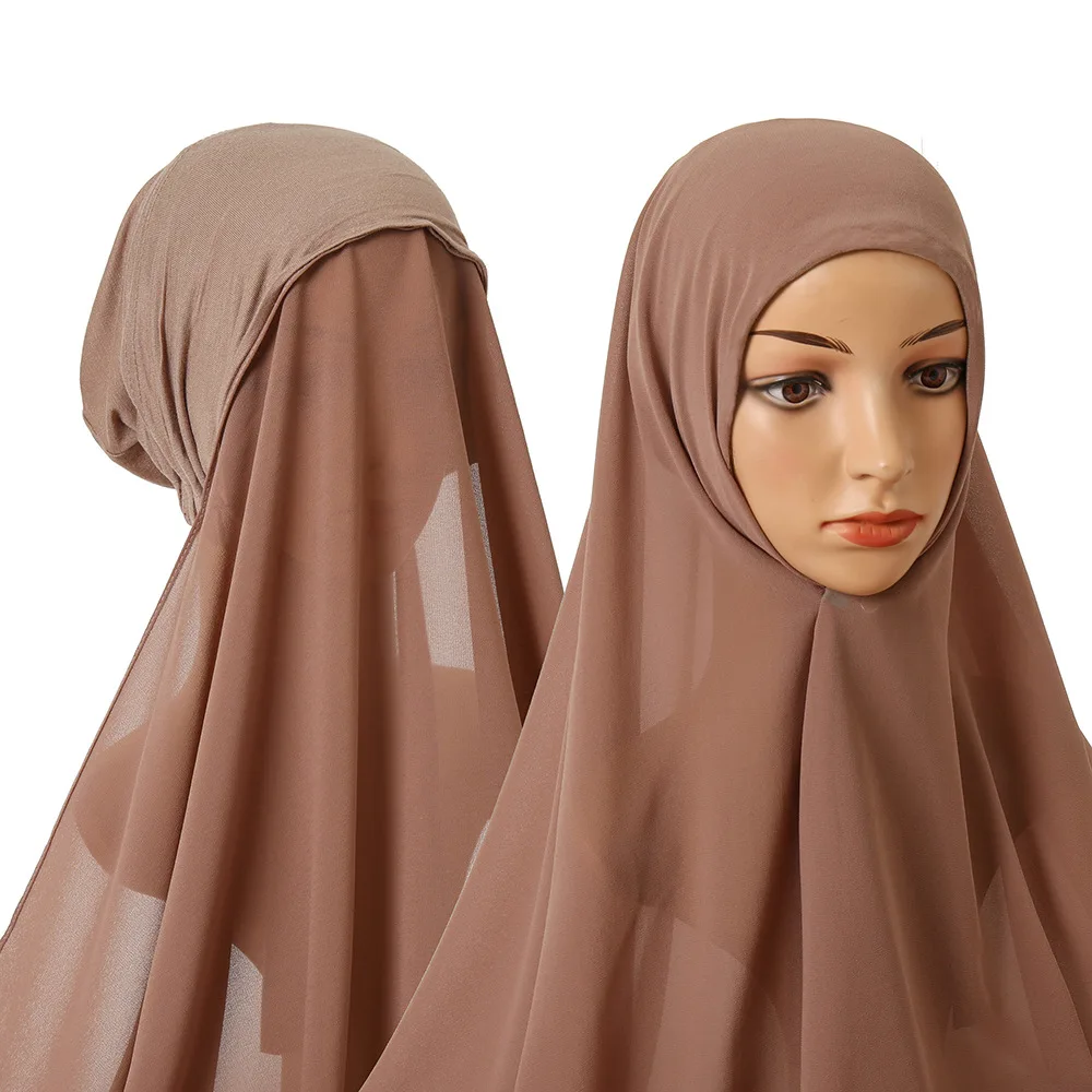 

Stretch Hijab Cover Headwrap Turbante Chiffon Hijab With Bonnet Elastic Rope Cap Bubble Heavy Solid Color Inner Scarf Headband