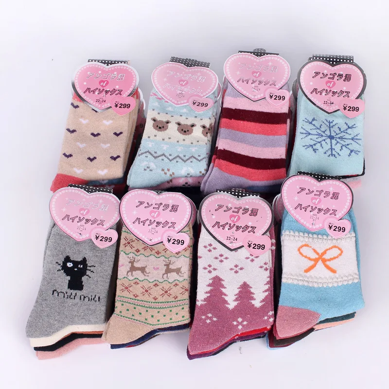 

New One pair Women's Rabbit Wool Socks Tube long Animal Tree Stripe Female Autumn and Winter Cotton Socks Thickening Warm