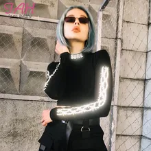 IAMHOTTY Reflective Print Long Sleeve T Shirt Woman Fashion Streetwear Solid Turtleneck T-Shirt Femme Gothic Short New Tee Shirt