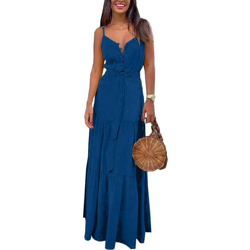 Женское летнее платье макси, Персонализированные платья на пуговицах с v-образным вырезом, белый длинный сарафан, сексуальное повседневное элегантное платье - Цвет: Синий