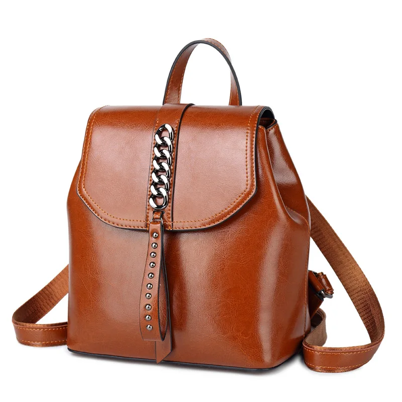 

Fashion High Quality Genuine Leather Backpack For Girls Daypack Female Knapsack Vintage Women rivet Oil Wax Cowhide Rucksack
