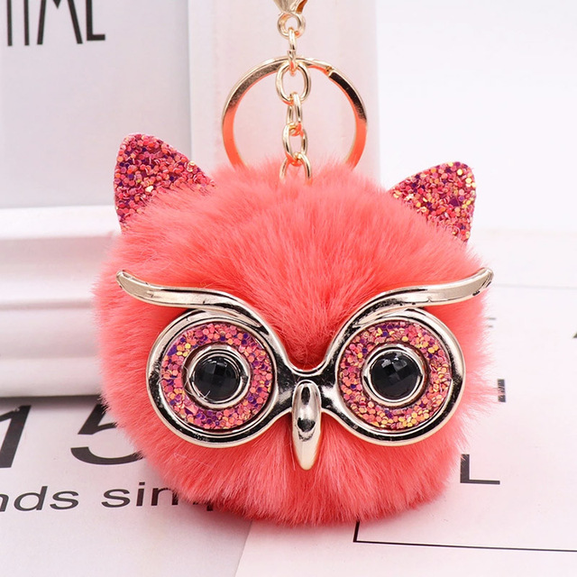 Cute Sequin Ears Owl Keychain Fluffy Artificial Rabbit Hairy Pom-pom Keychain Women's Shoulder Bag Owl Pendant Key Ring