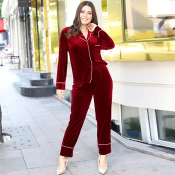 

HECHAN Velvet Pajamas Women Long Sleeve Turn Down Collar Top And Pants Patchwork Pocket Female Homewear Two Piece Set Autumn