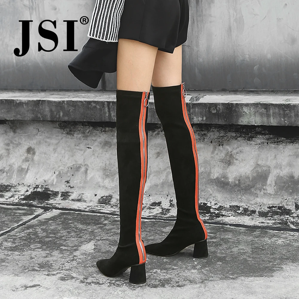 JSI Women Sexy Over The Knee High Boots Pointed Toe High Heel Flock Shoes New Fashion Square Heel Slip-On Women Boots JO272