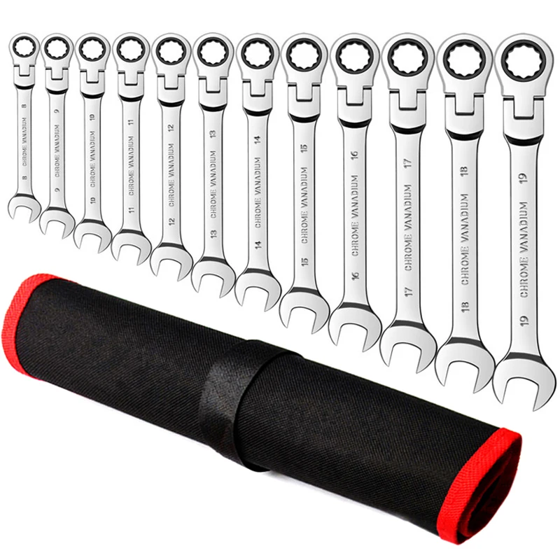 Juego de llaves inglesas de reparación de coche, llave de carraca, conjunto de cabeza móvil de acero cromado, llave Universal