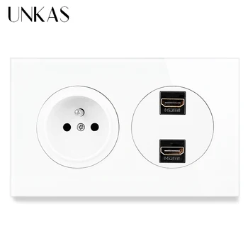 

UNKAS French Standard Wall Socket + Female Dual HDMI 2.0 Connector Jack Tempered Crystal Glass And Black Aluminum Panel Outlet