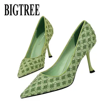 

BIGTREE 2020 Women Shoes Elegant Party High Heels Luxury Lace Striped Lattice Decoration Fashion Women Pumps Shallow Heels Woman