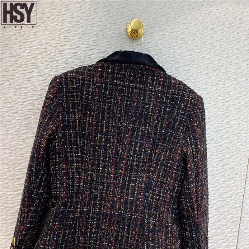 【HSY】2019 Осень Новый женский костюм куртка ацетат лацканы сшивание одна кнопка черный золотой твид Camellia подкладка блейзер