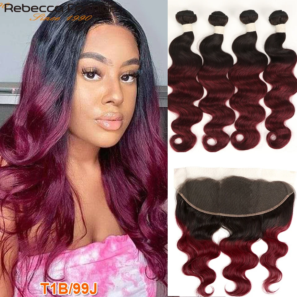 Rebecca Ombre Bundles With Frontal Two Tone 1B/99J 1B/27 1B/30 Colors Brazilian Body Wave 3 4  Bundles With Lace Frontal Closure