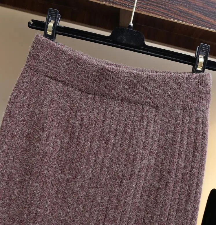 Зимняя юбка Для женщин Bodycon элегантный карандаш миди юбка офисная Повседневное шерстяная вязаная юбка Высокая Талия юбки, женские Юпи женские юбки