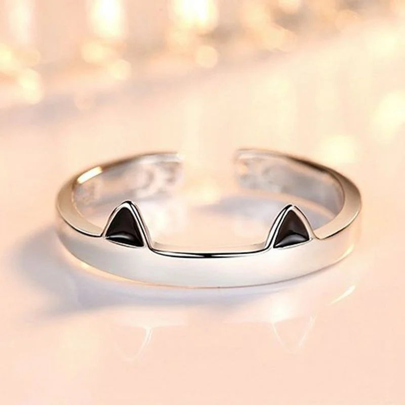 2021 Сребърен цвят Котешко ухо Сладък пръстен за пръсти Отворен дизайн Сладко модно бижу Пръстен за жени Младо момиче Подарък за дете Регулируем пръстен